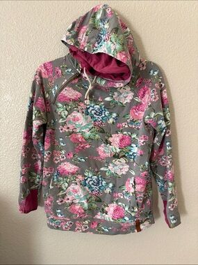 AMPERSAND AVE Double Hood Gray Floral Hoodie with Pink Accents